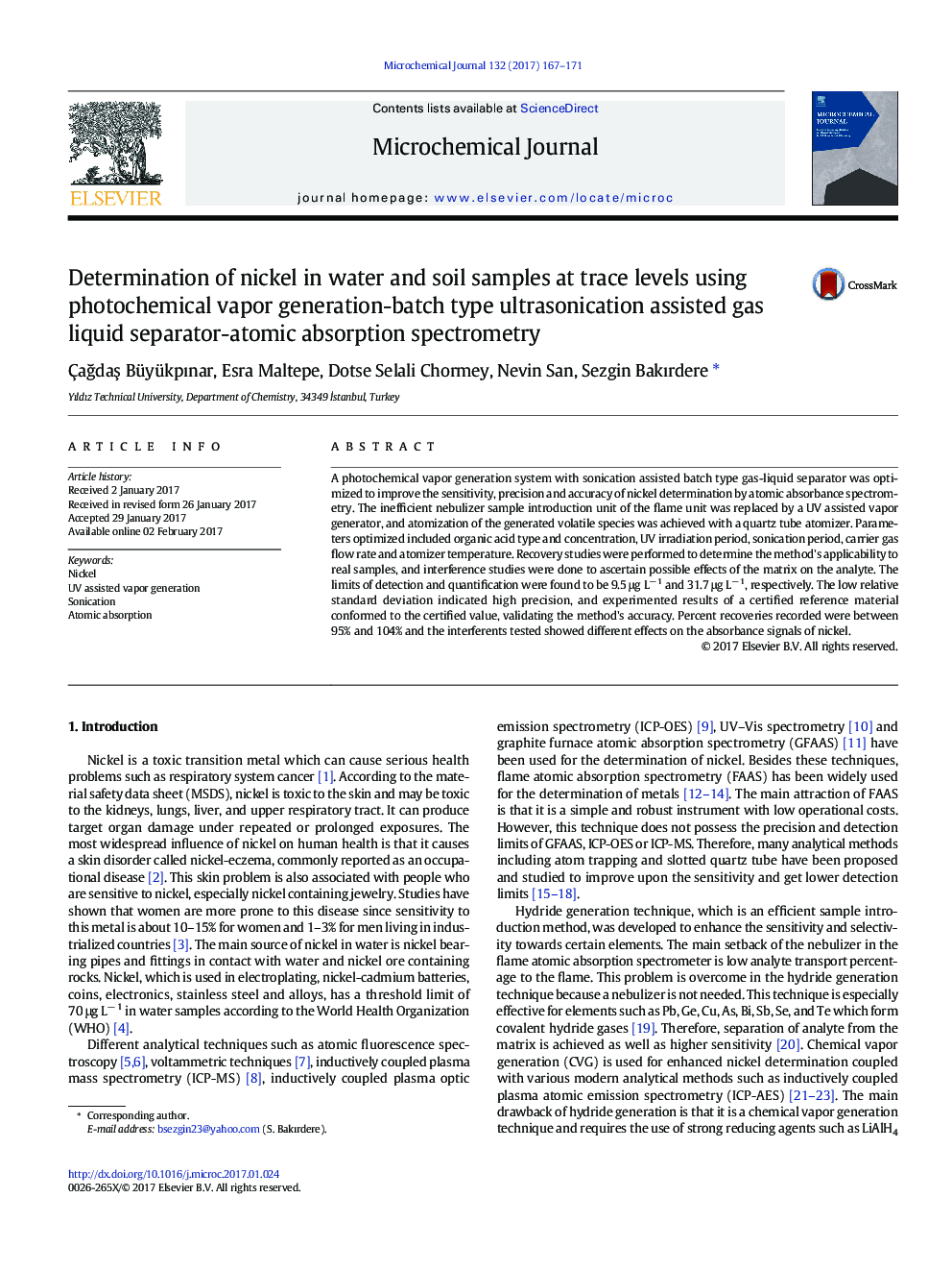 Determination of nickel in water and soil samples at trace levels using photochemical vapor generation-batch type ultrasonication assisted gas liquid separator-atomic absorption spectrometry