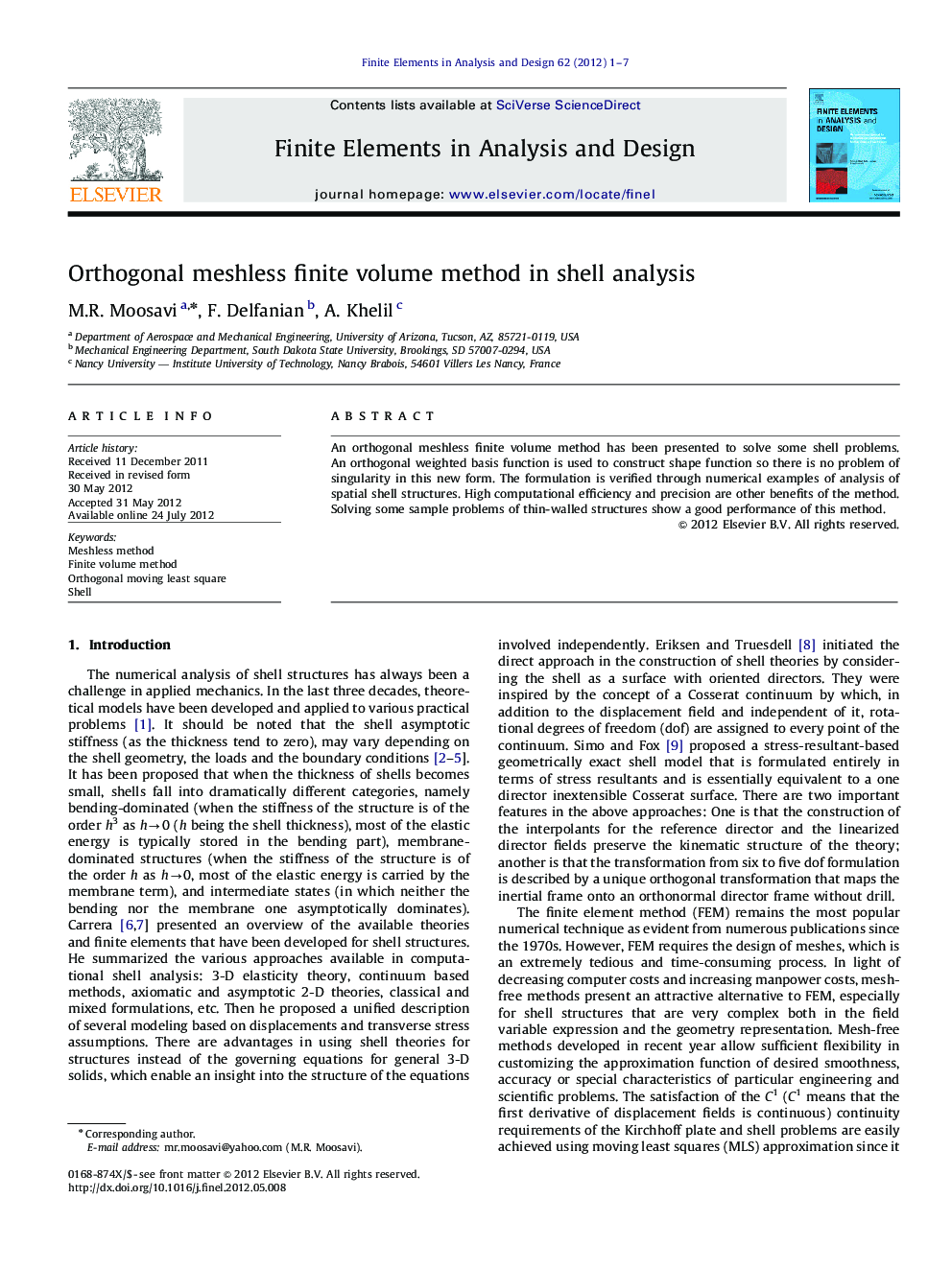 Orthogonal meshless finite volume method in shell analysis