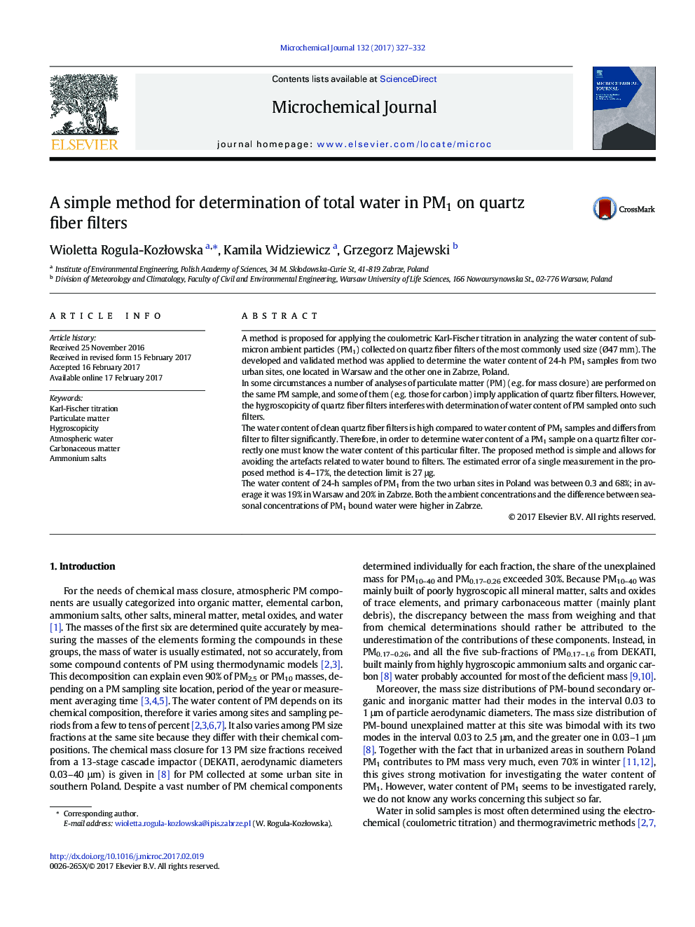 A simple method for determination of total water in PM1 on quartz fiber filters