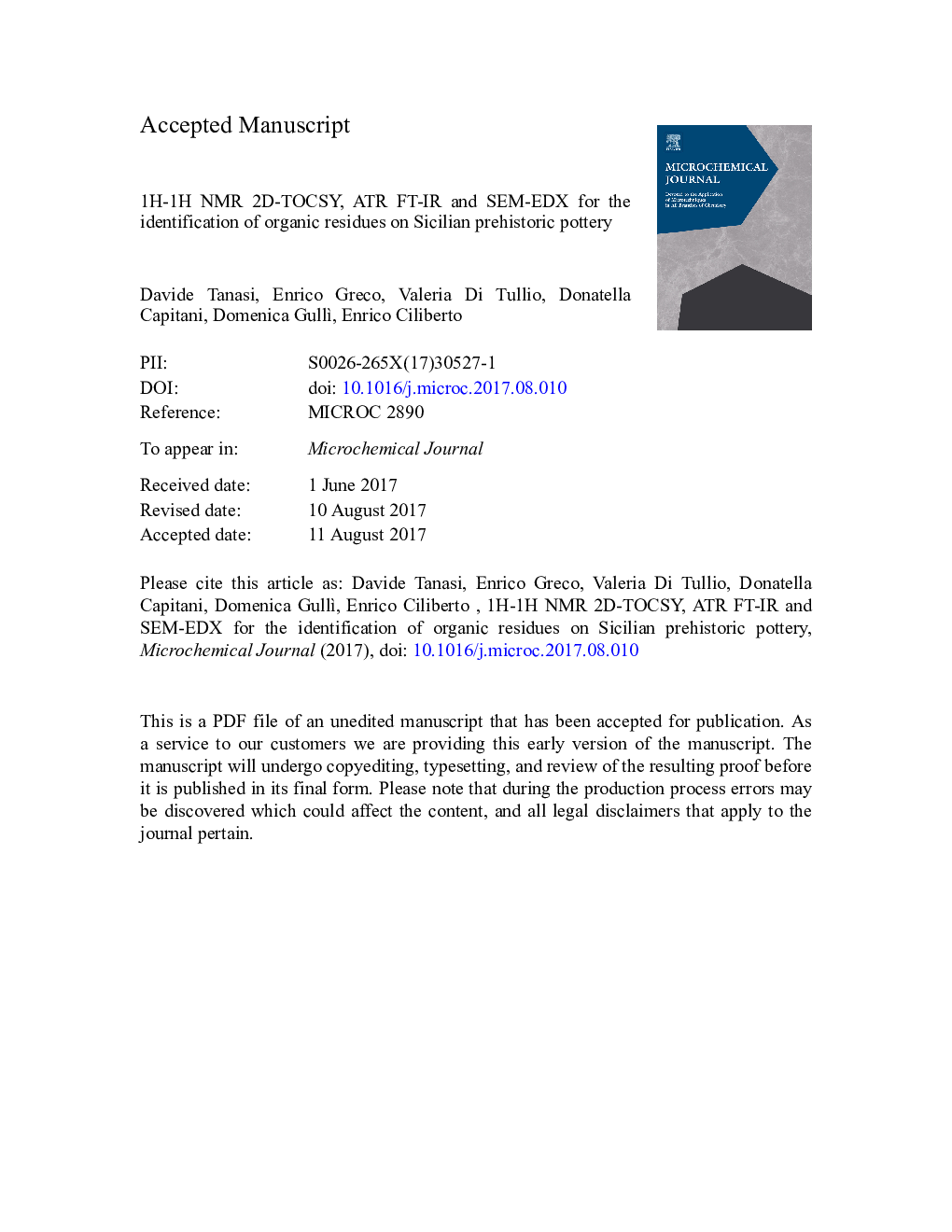 1H-1H NMR 2D-TOCSY, ATR FT-IR and SEM-EDX for the identification of organic residues on Sicilian prehistoric pottery