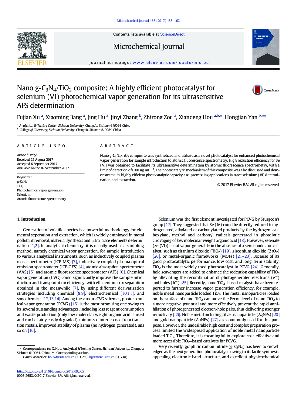 Nano g-C3N4/TiO2 composite: A highly efficient photocatalyst for selenium (VI) photochemical vapor generation for its ultrasensitive AFS determination