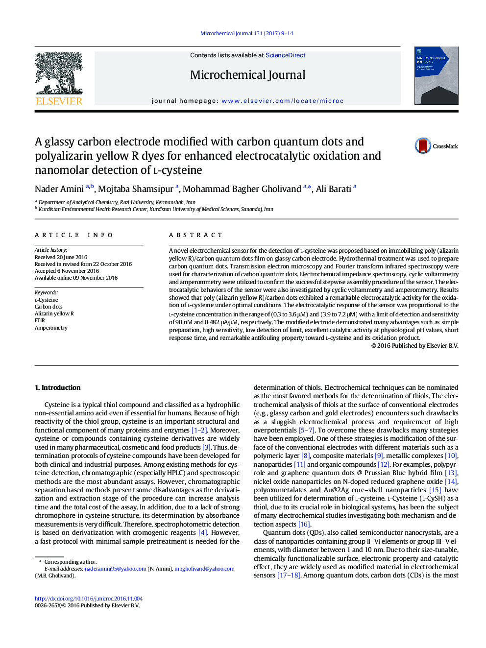 A glassy carbon electrode modified with carbon quantum dots and polyalizarin yellow R dyes for enhanced electrocatalytic oxidation and nanomolar detection of l-cysteine