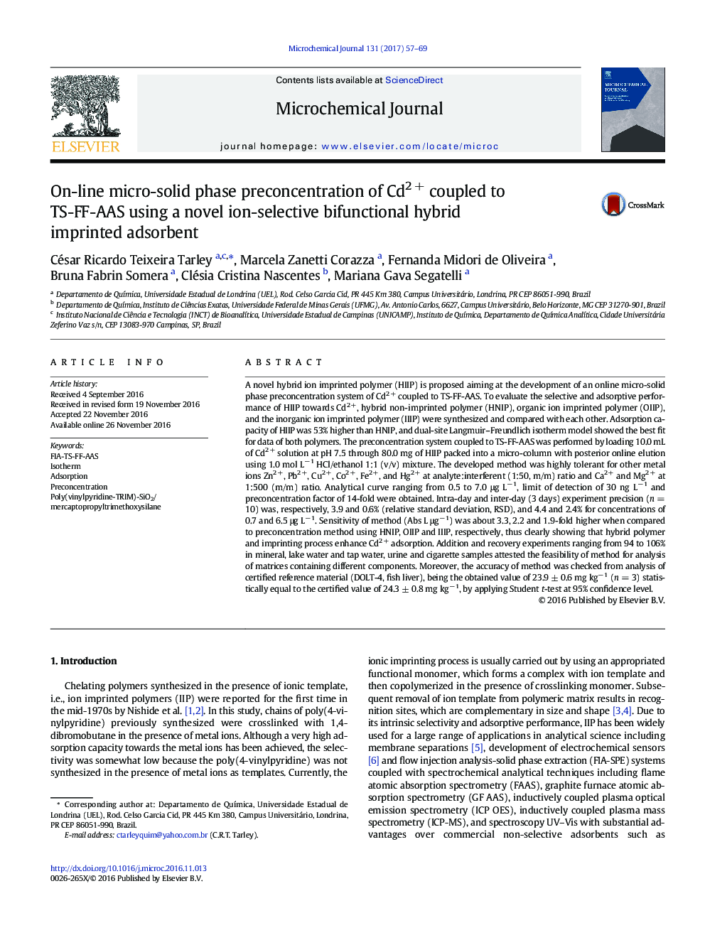 On-line micro-solid phase preconcentration of Cd2Â + coupled to TS-FF-AAS using a novel ion-selective bifunctional hybrid imprinted adsorbent