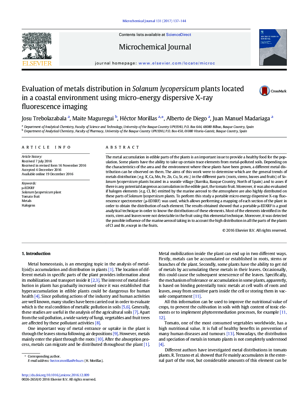 Evaluation of metals distribution in Solanum lycopersicum plants located in a coastal environment using micro-energy dispersive X-ray fluorescence imaging