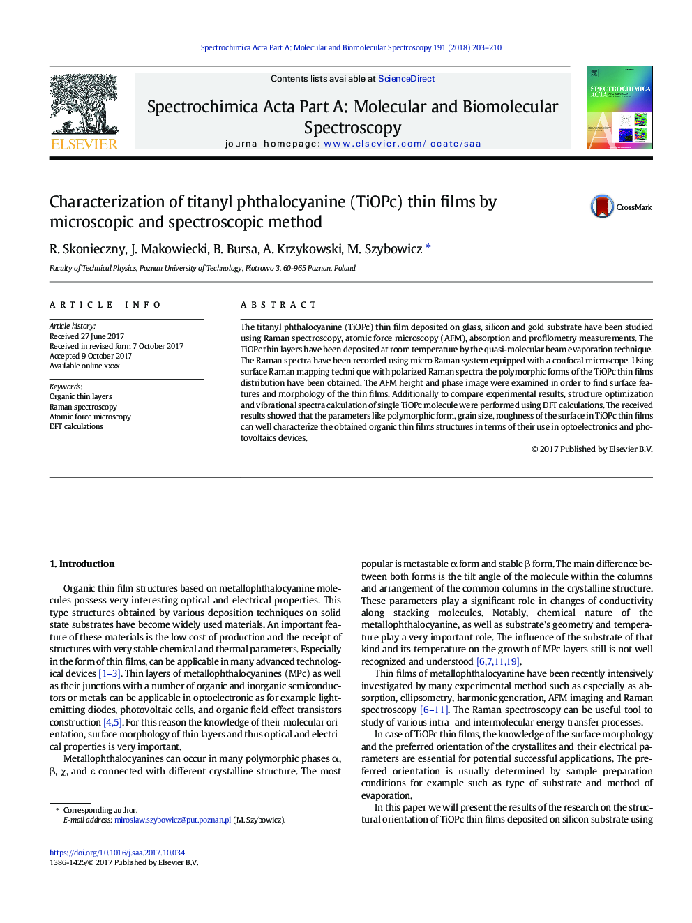 Characterization of titanyl phthalocyanine (TiOPc) thin films by microscopic and spectroscopic method