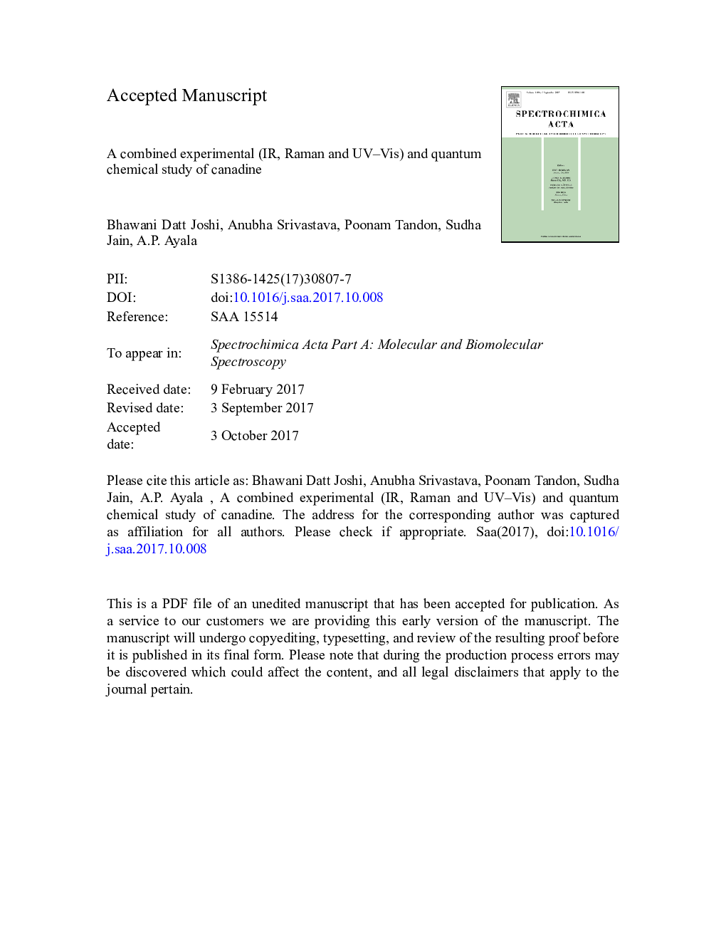 A combined experimental (IR, Raman and UV-Vis) and quantum chemical study of canadine