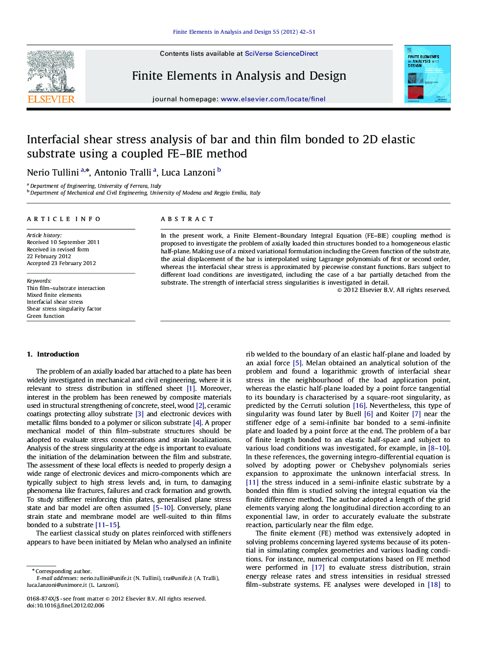 Interfacial shear stress analysis of bar and thin film bonded to 2D elastic substrate using a coupled FE–BIE method