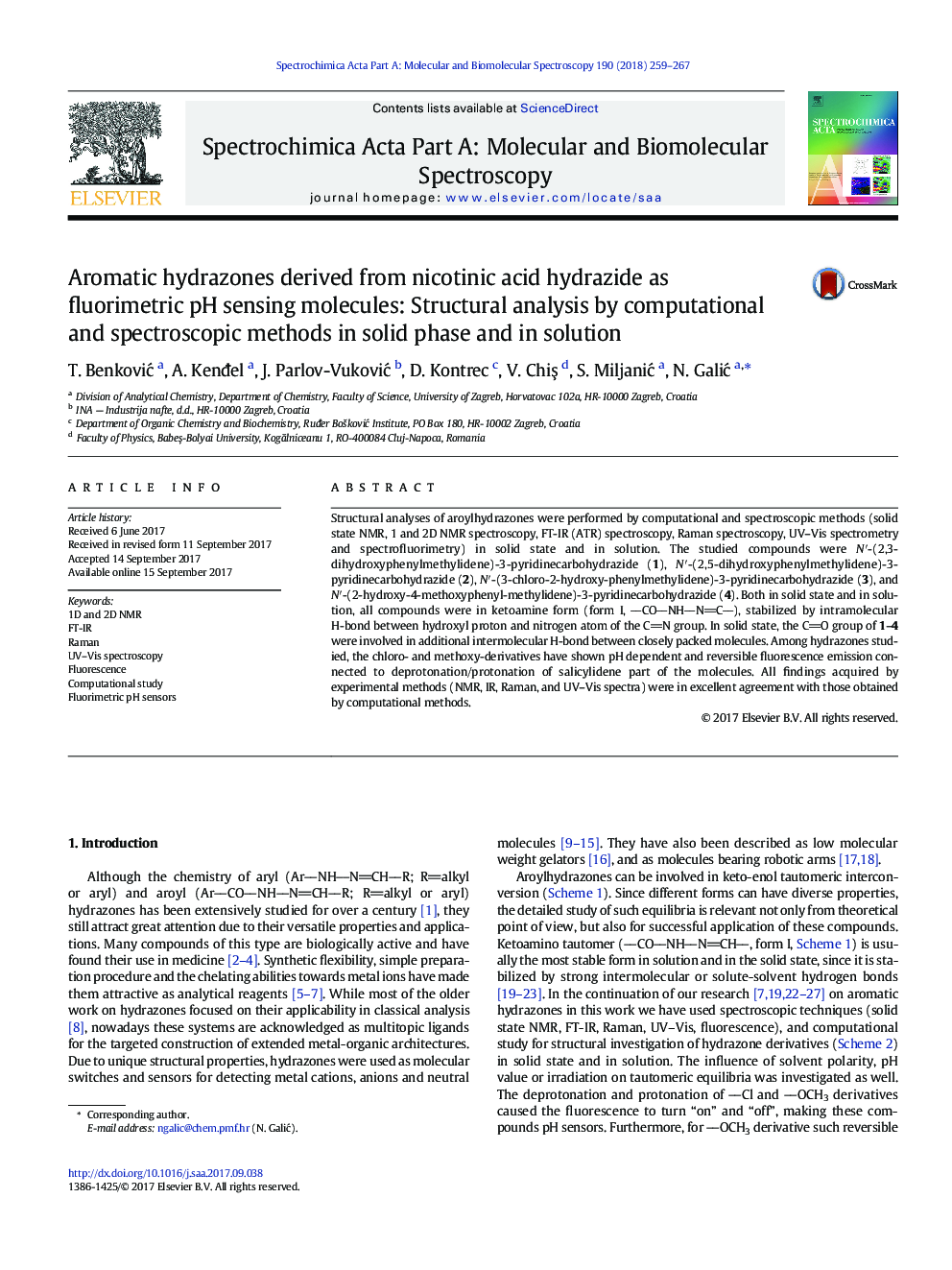 Aromatic hydrazones derived from nicotinic acid hydrazide as fluorimetric pH sensing molecules: Structural analysis by computational and spectroscopic methods in solid phase and in solution