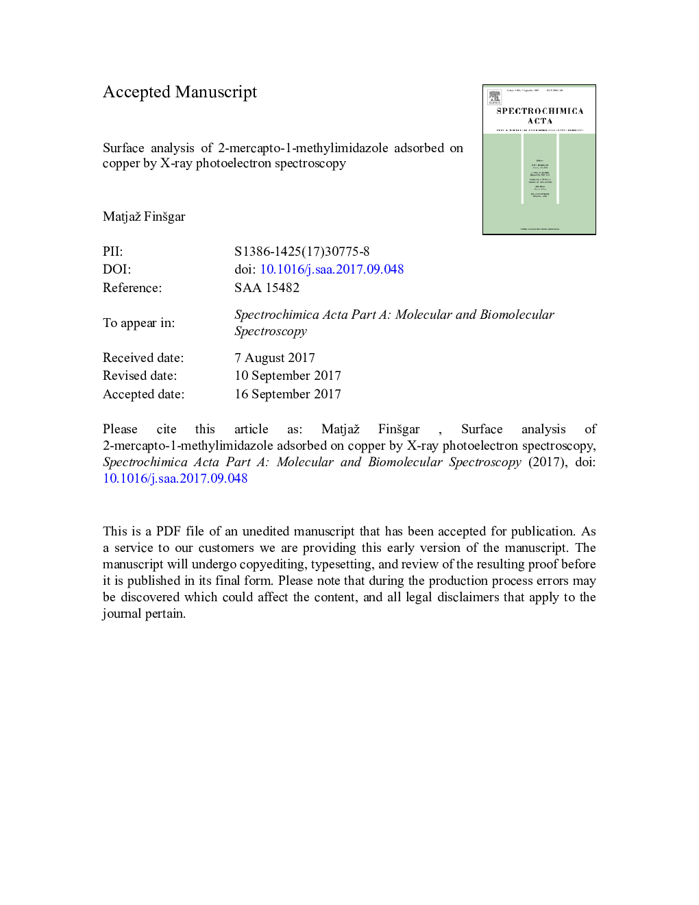 Surface analysis of 2-mercapto-1-methylimidazole adsorbed on copper by X-ray photoelectron spectroscopy