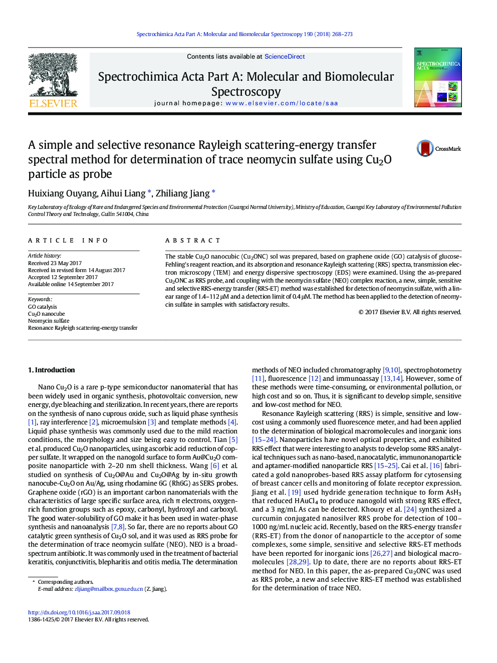 A simple and selective resonance Rayleigh scattering-energy transfer spectral method for determination of trace neomycin sulfate using Cu2O particle as probe