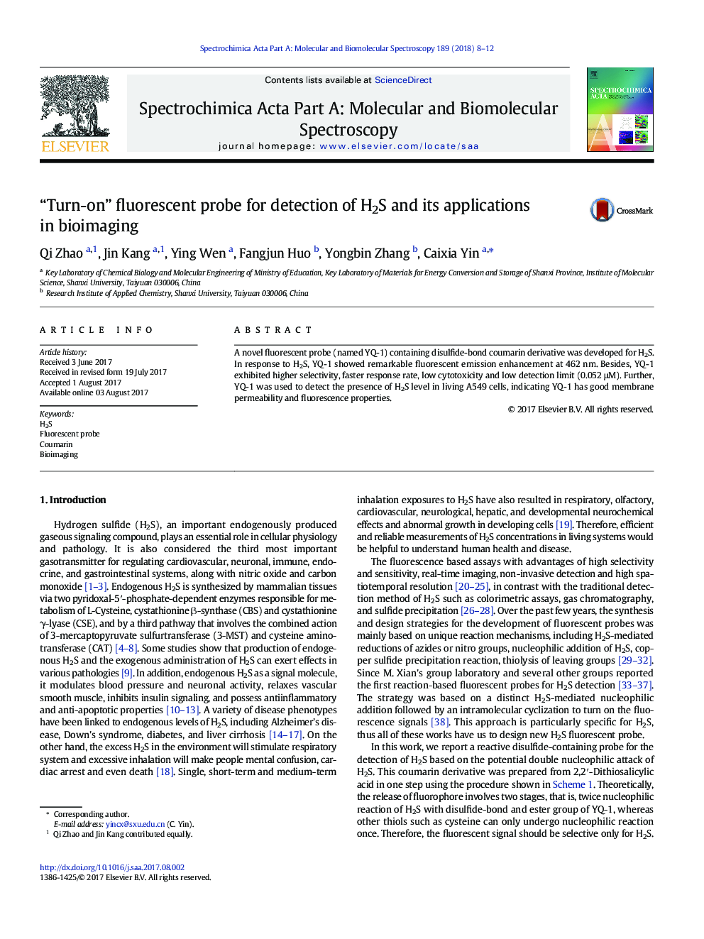 “Turn-on” fluorescent probe for detection of H2S and its applications in bioimaging