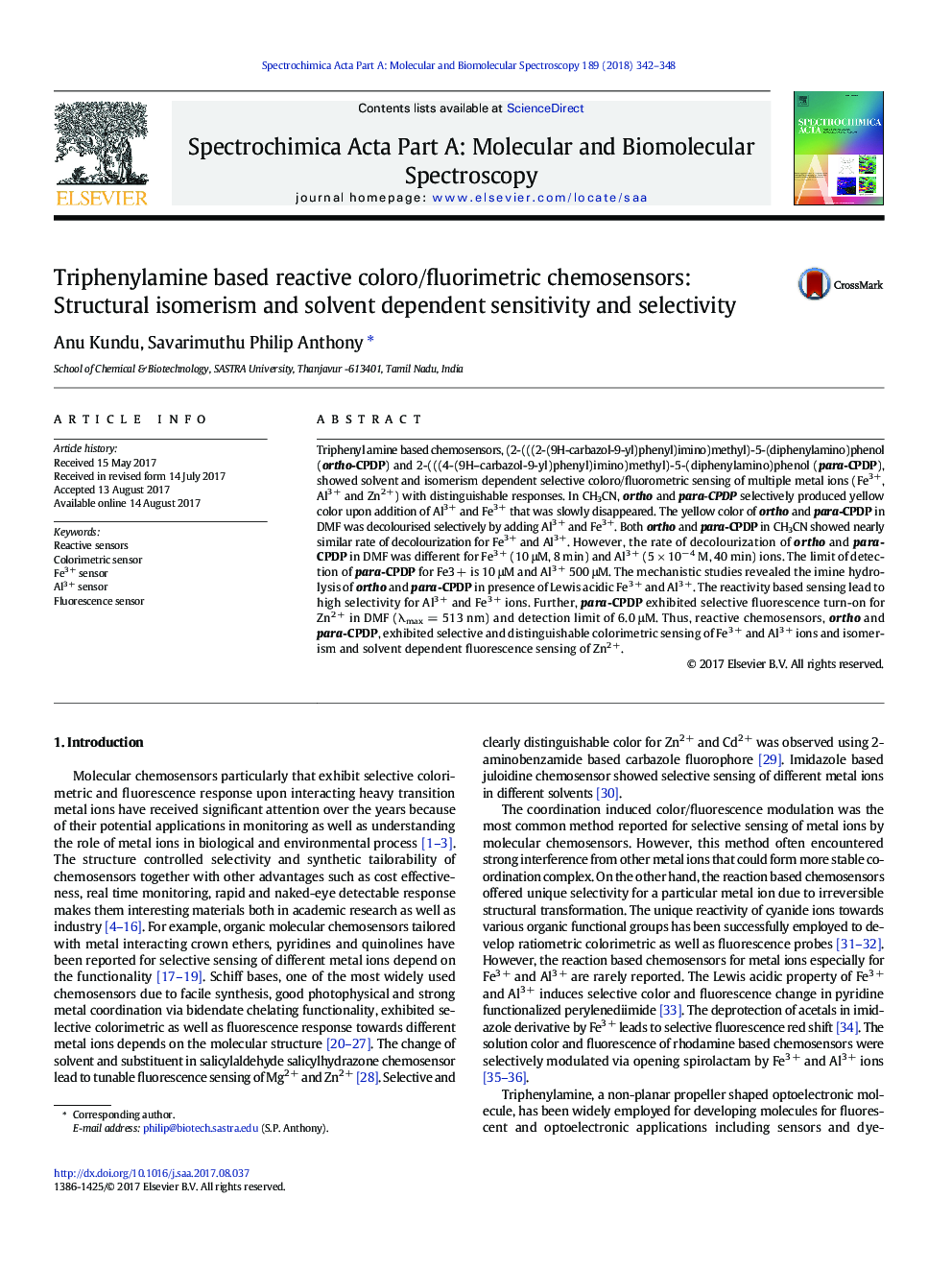 Triphenylamine based reactive coloro/fluorimetric chemosensors: Structural isomerism and solvent dependent sensitivity and selectivity