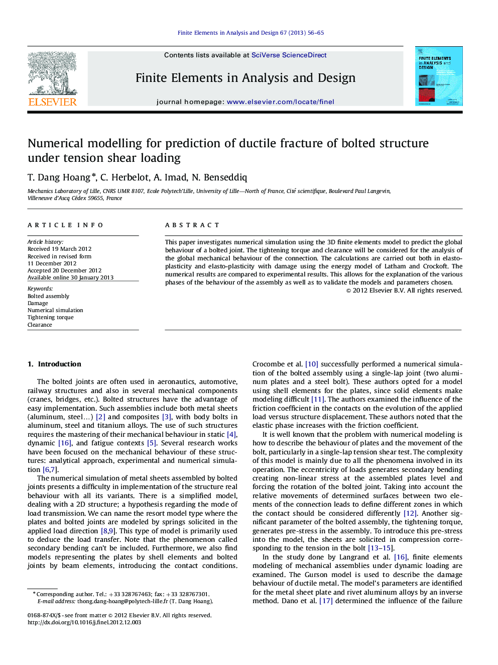 Numerical modelling for prediction of ductile fracture of bolted structure under tension shear loading