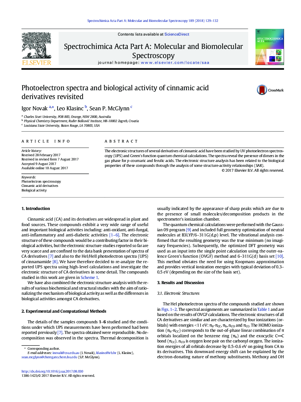 Photoelectron spectra and biological activity of cinnamic acid derivatives revisited