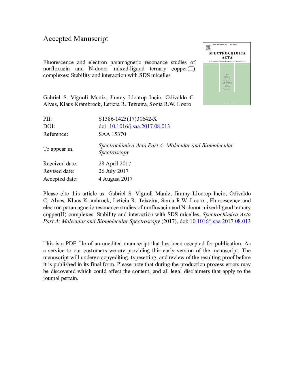 Fluorescence and electron paramagnetic resonance studies of norfloxacin and N-donor mixed-ligand ternary copper(II) complexes: Stability and interaction with SDS micelles