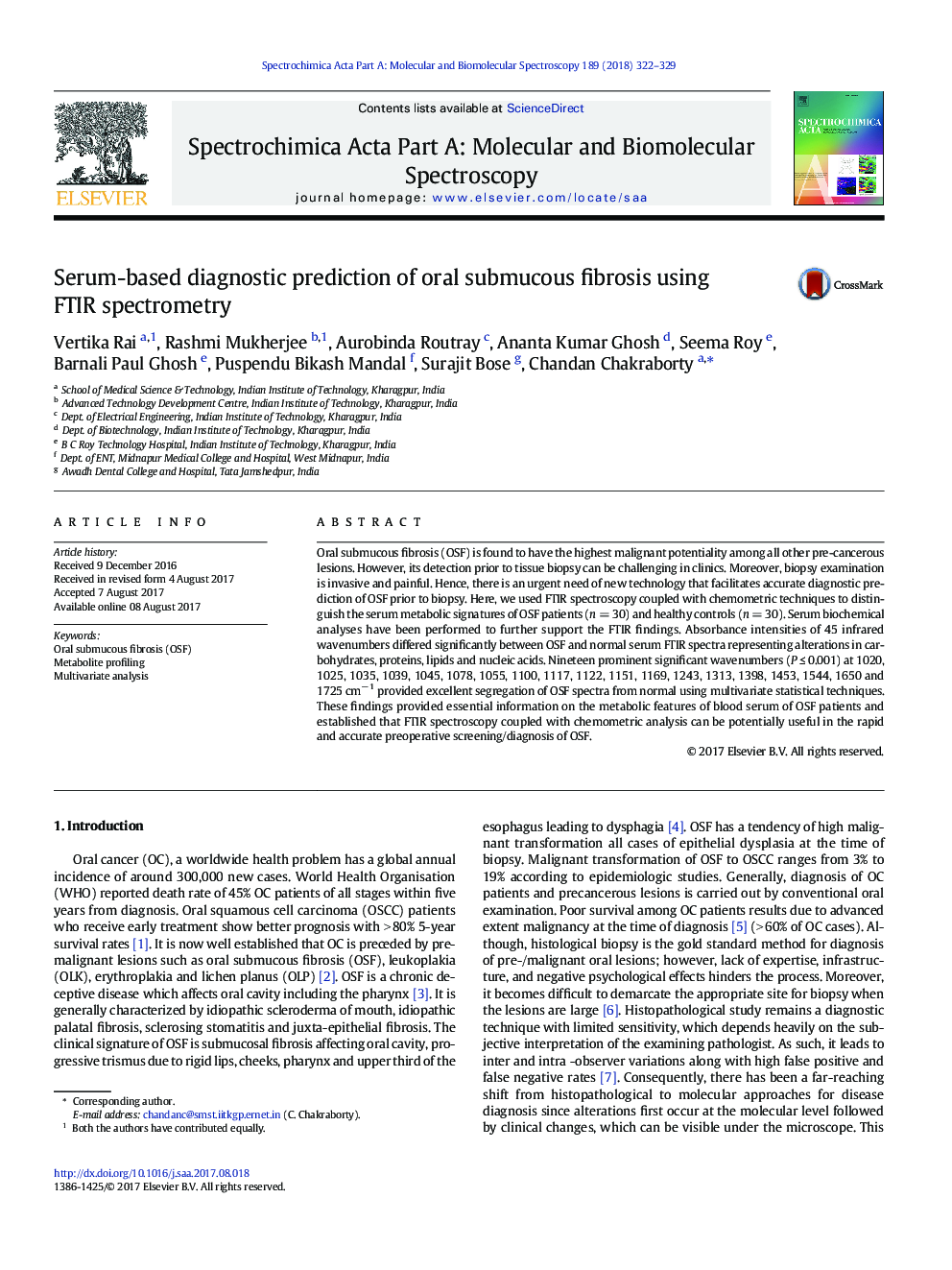 Serum-based diagnostic prediction of oral submucous fibrosis using FTIR spectrometry