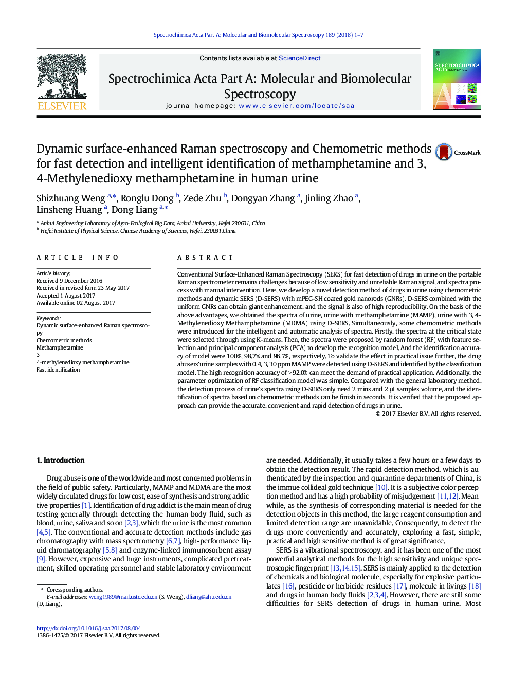 Dynamic surface-enhanced Raman spectroscopy and Chemometric methods for fast detection and intelligent identification of methamphetamine and 3, 4-Methylenedioxy methamphetamine in human urine