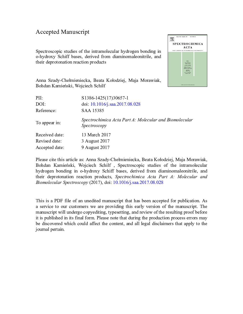 Spectroscopic studies of the intramolecular hydrogen bonding in o-hydroxy Schiff bases, derived from diaminomaleonitrile, and their deprotonation reaction products