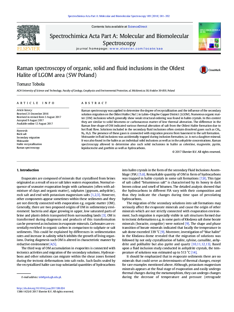 عکس صفحه اول مقاله: Raman spectroscopy of organic, solid and fluid inclusions in the Oldest Halite of LGOM area (SW Poland) Raman spectroscopy of organic, solid and fluid inclusions in the Oldest Halite of LGOM area (SW Poland)