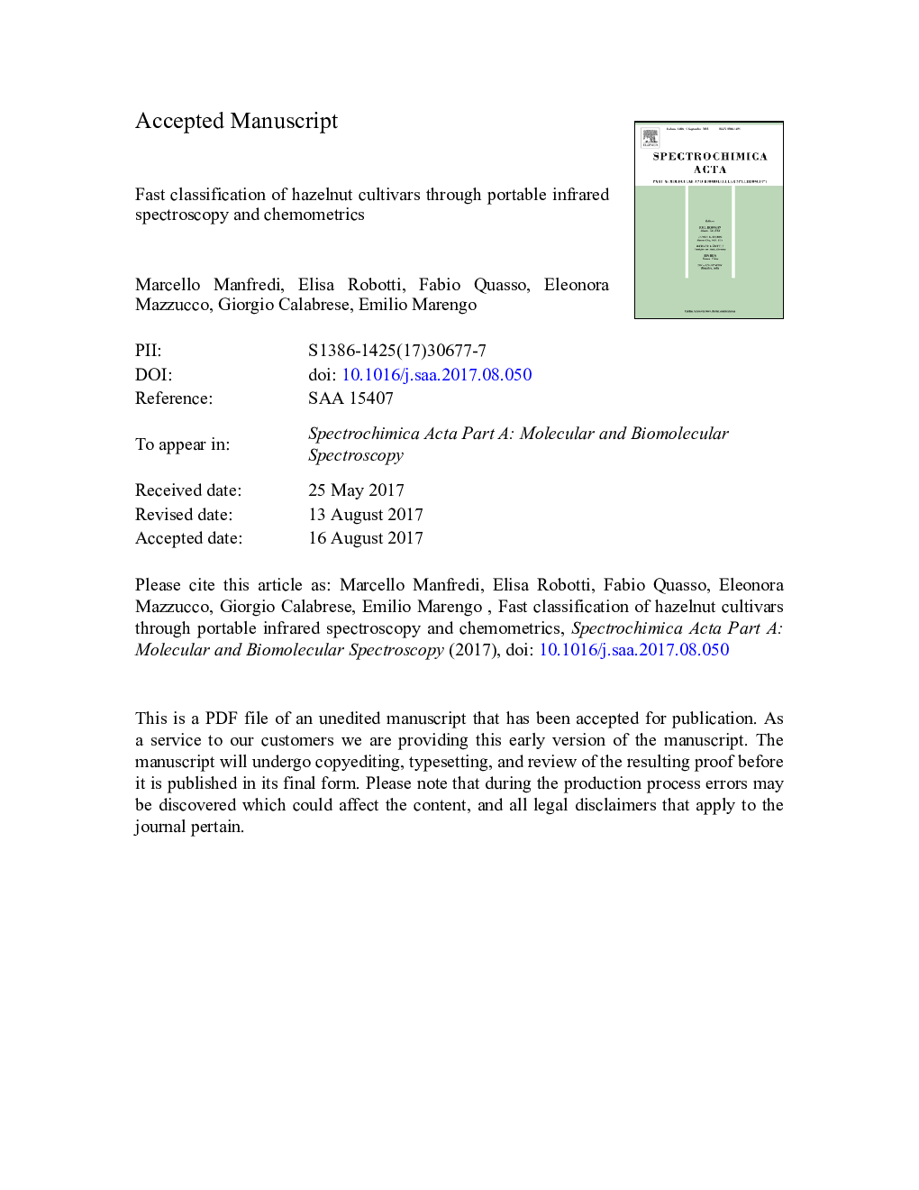 Fast classification of hazelnut cultivars through portable infrared spectroscopy and chemometrics