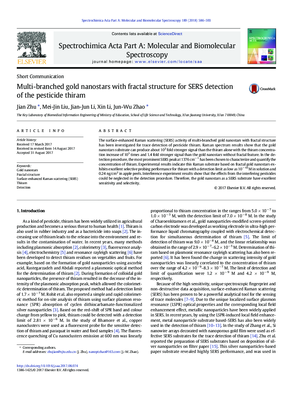 Multi-branched gold nanostars with fractal structure for SERS detection of the pesticide thiram