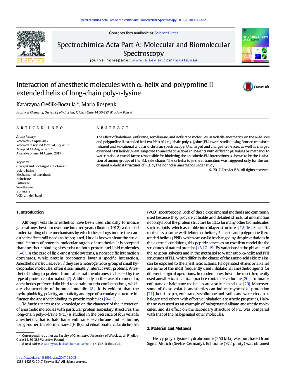 Interaction of anesthetic molecules with Î±-helix and polyproline II extended helix of long-chain poly-l-lysine