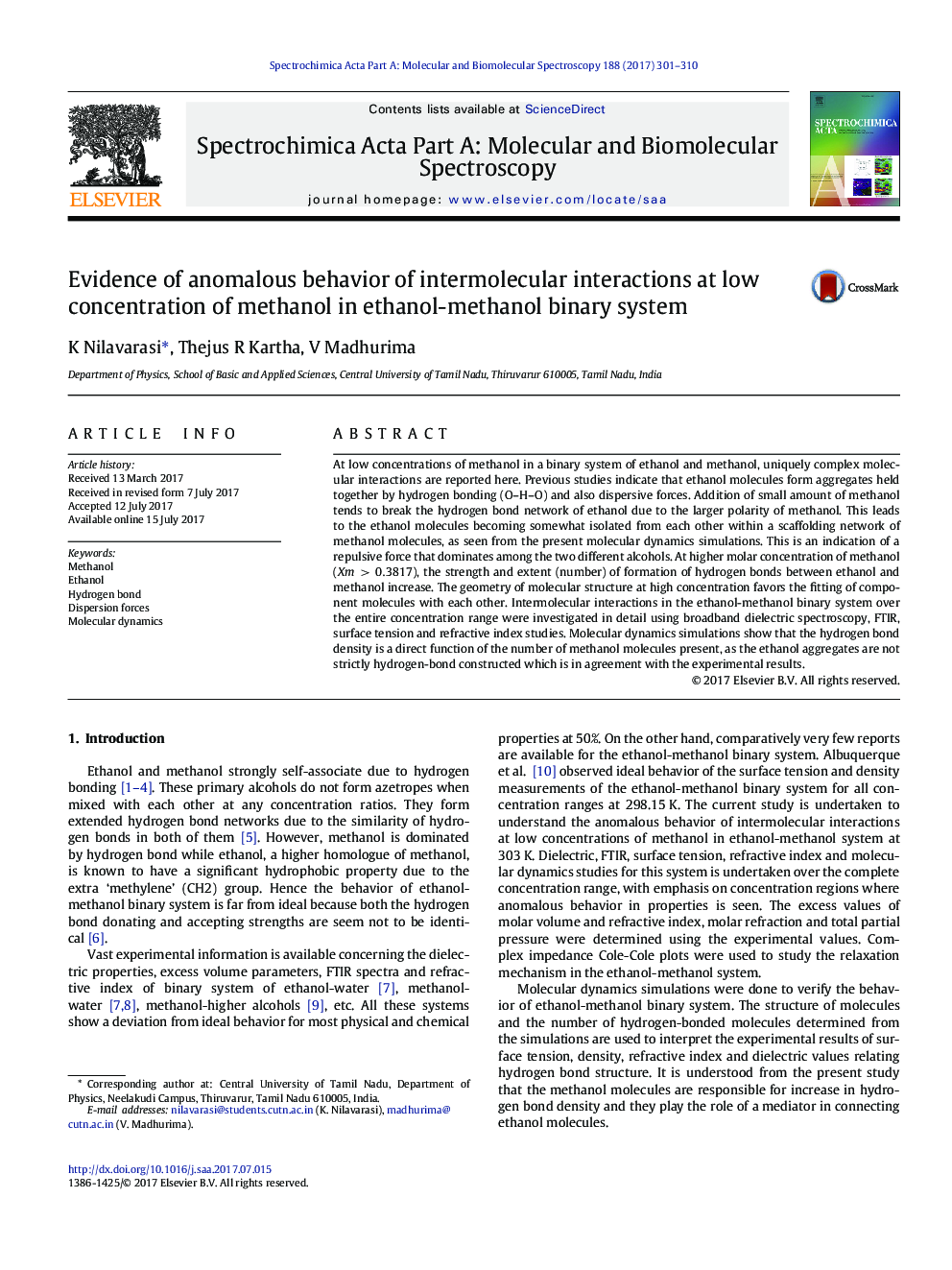 Evidence of anomalous behavior of intermolecular interactions at low concentration of methanol in ethanol-methanol binary system