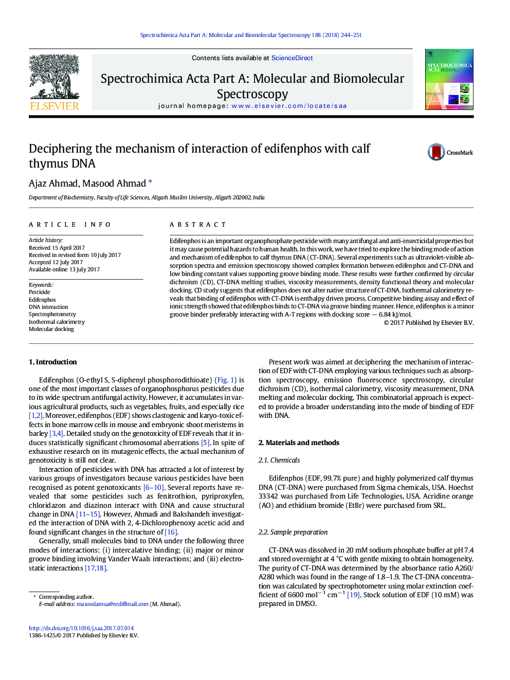 Deciphering the mechanism of interaction of edifenphos with calf thymus DNA