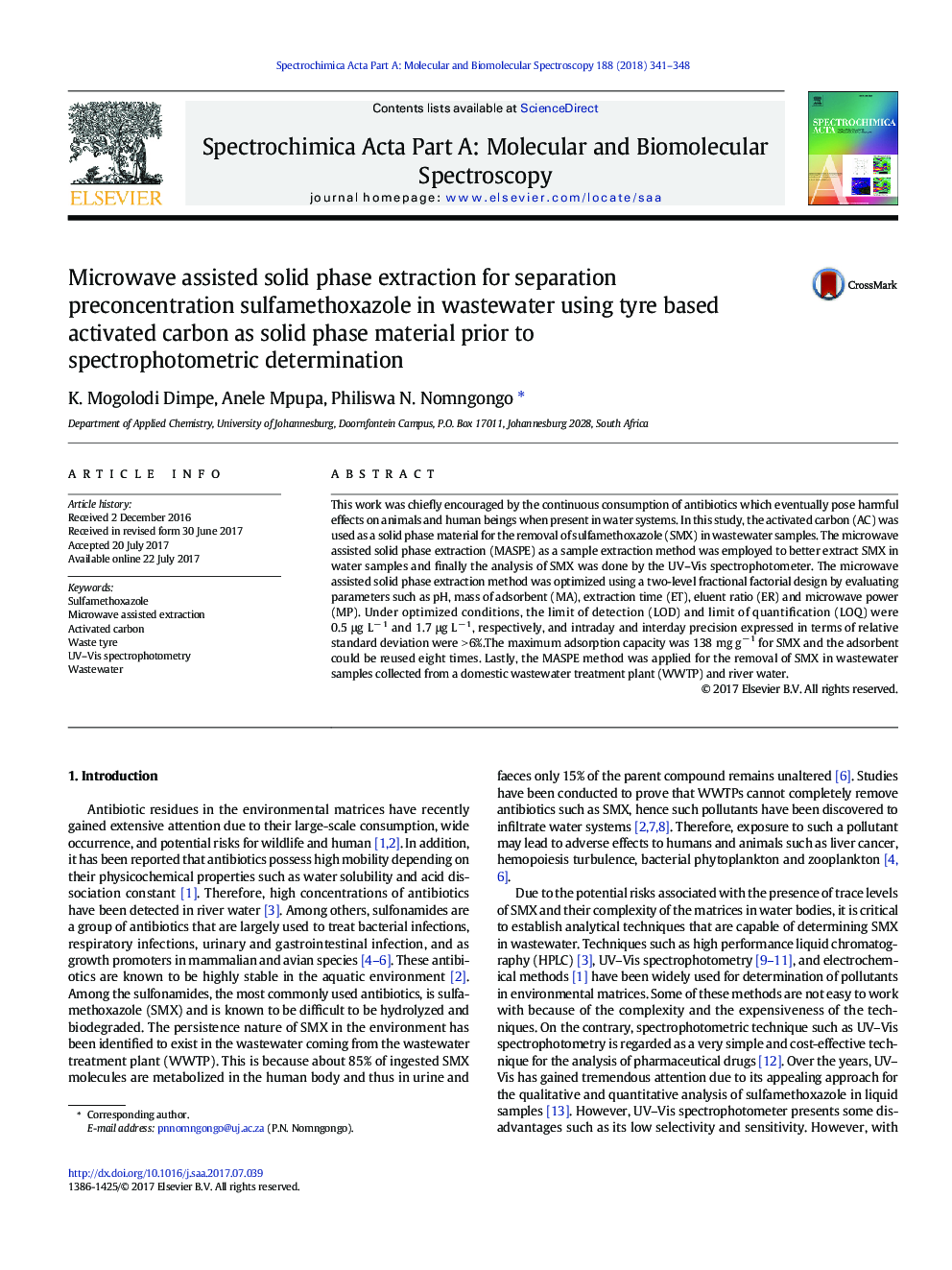 Microwave assisted solid phase extraction for separation preconcentration sulfamethoxazole in wastewater using tyre based activated carbon as solid phase material prior to spectrophotometric determination