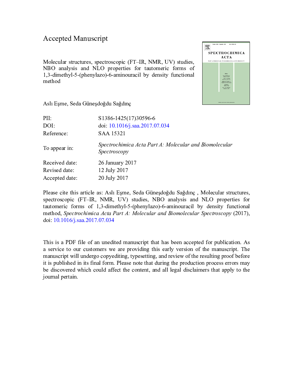 Molecular structures, spectroscopic (FT-IR, NMR, UV) studies, NBO analysis and NLO properties for tautomeric forms of 1,3-dimethyl-5-(phenylazo)-6-aminouracil by density functional method