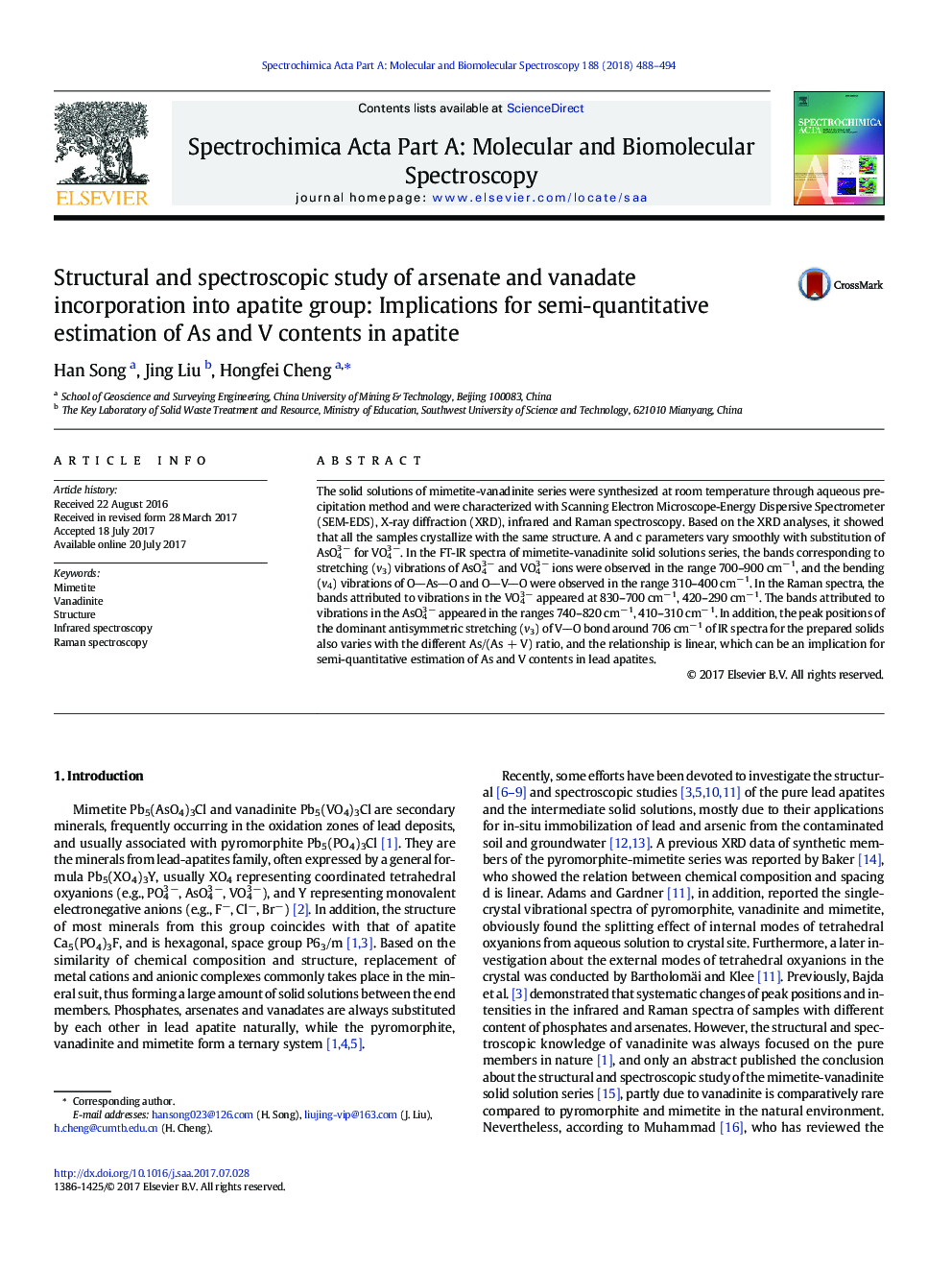 Structural and spectroscopic study of arsenate and vanadate incorporation into apatite group: Implications for semi-quantitative estimation of As and V contents in apatite