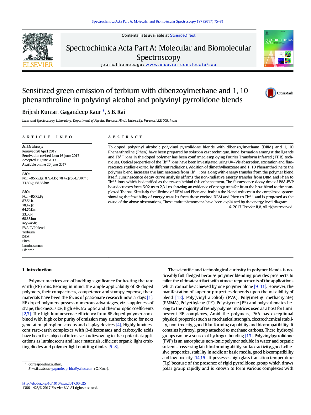 Sensitized green emission of terbium with dibenzoylmethane and 1, 10 phenanthroline in polyvinyl alcohol and polyvinyl pyrrolidone blends