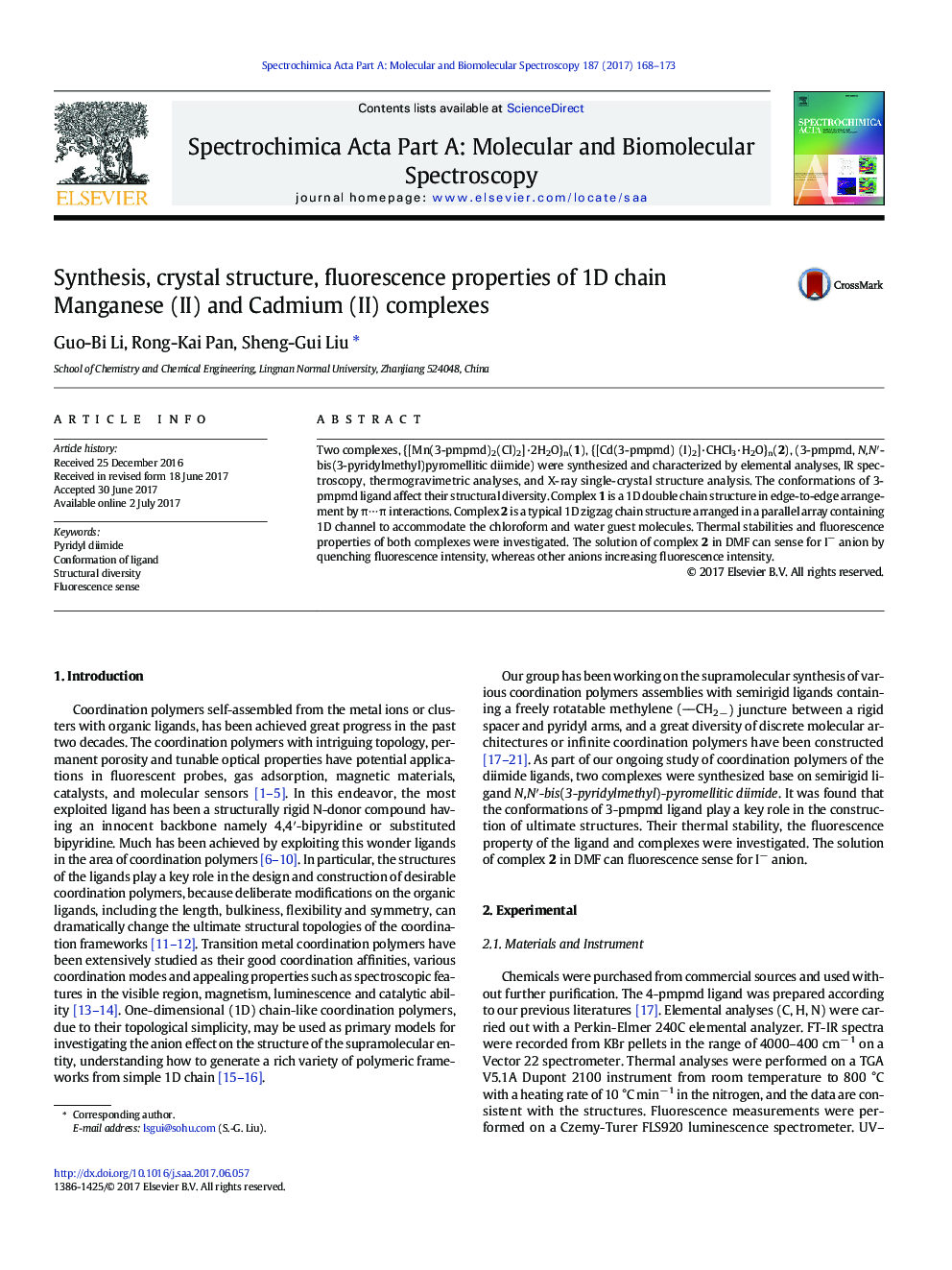 Synthesis, crystal structure, fluorescence properties of 1D chain Manganese (II) and Cadmium (II) complexes