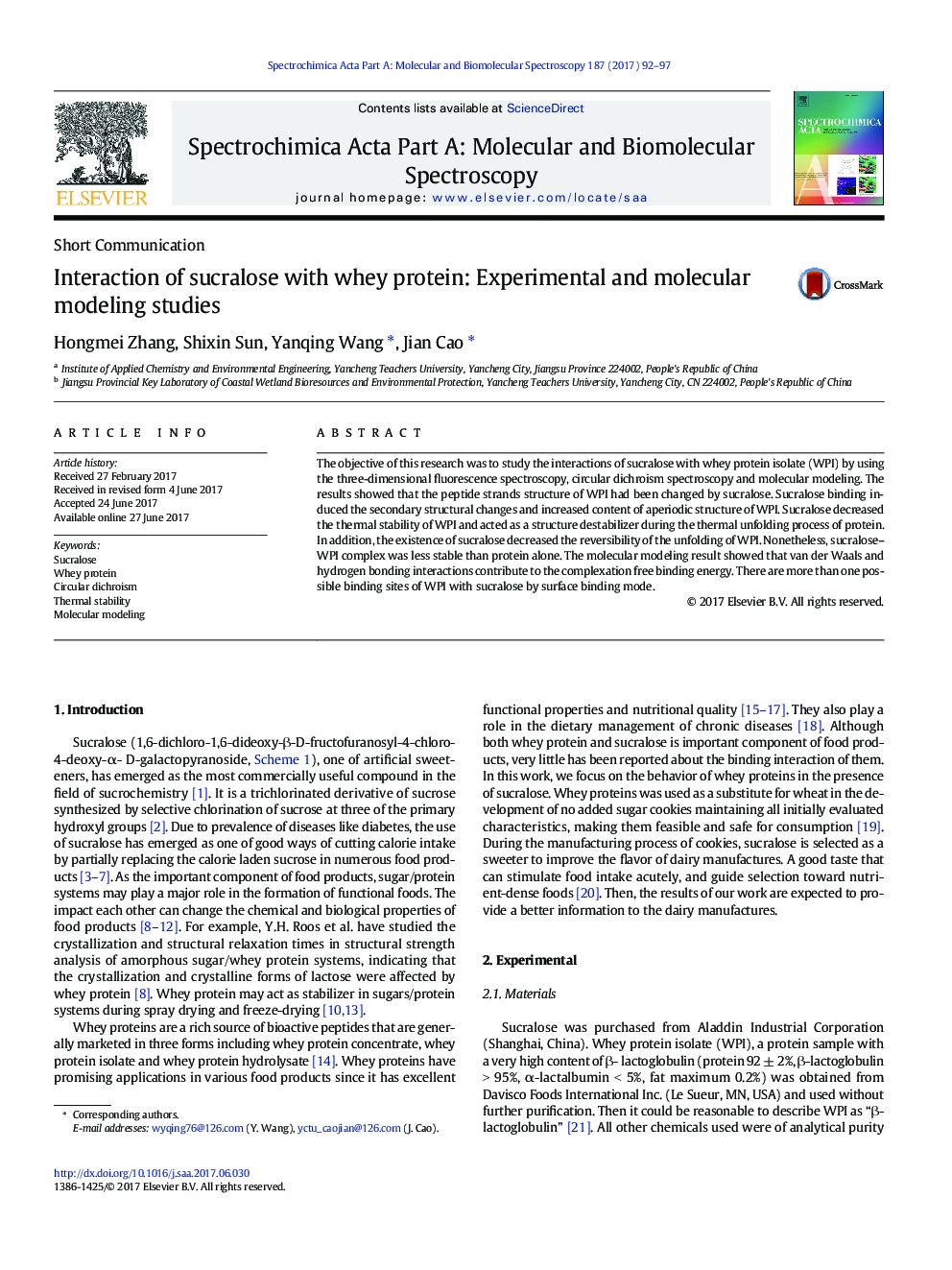 Interaction of sucralose with whey protein: Experimental and molecular modeling studies