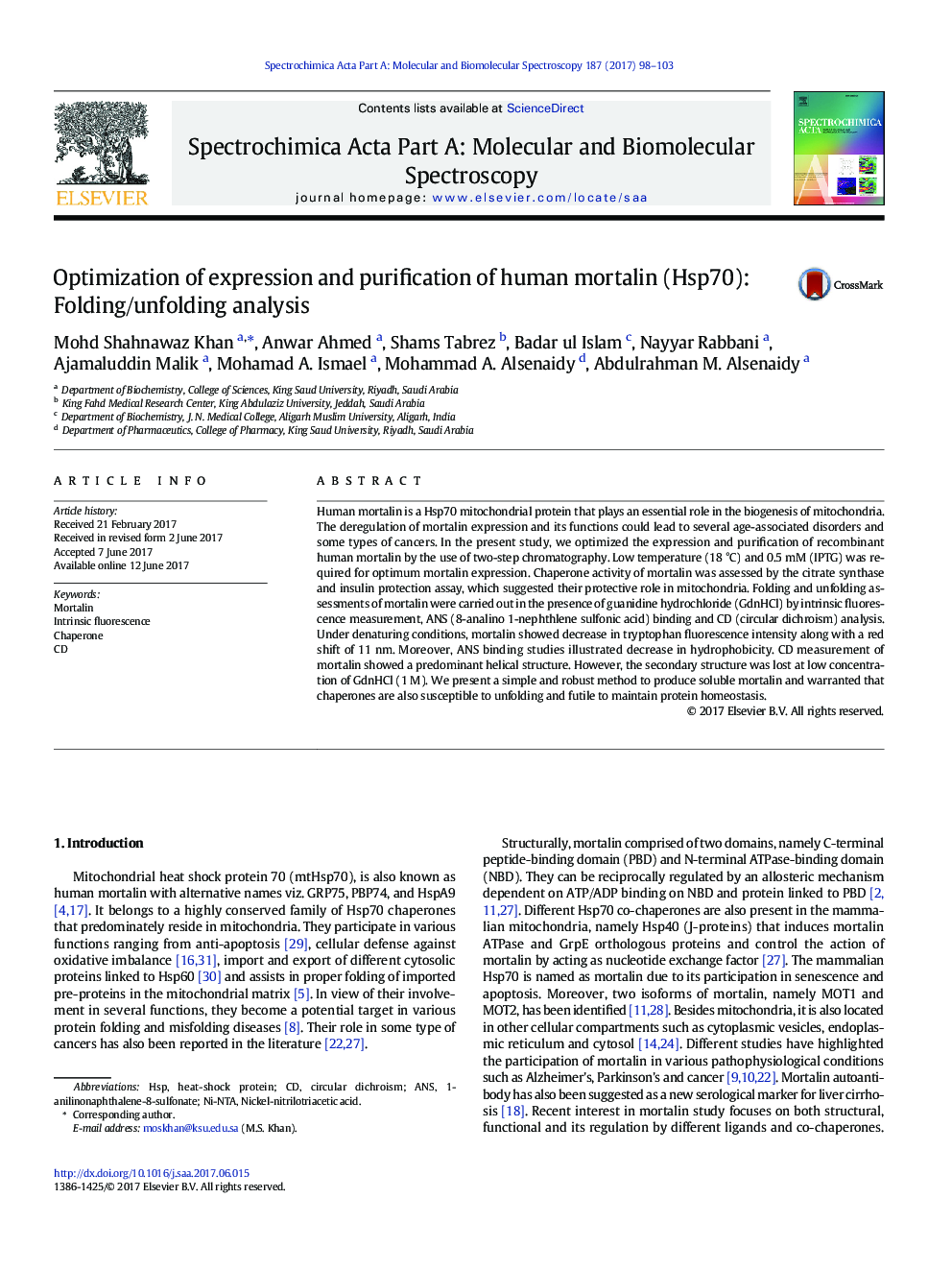 Optimization of expression and purification of human mortalin (Hsp70): Folding/unfolding analysis