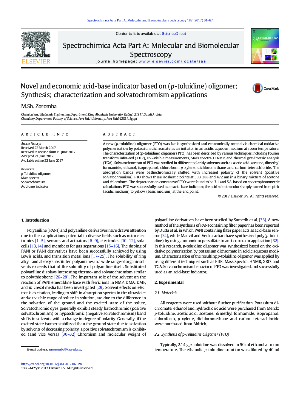 Novel and economic acid-base indicator based on (p-toluidine) oligomer: Synthesis; characterization and solvatochromism applications