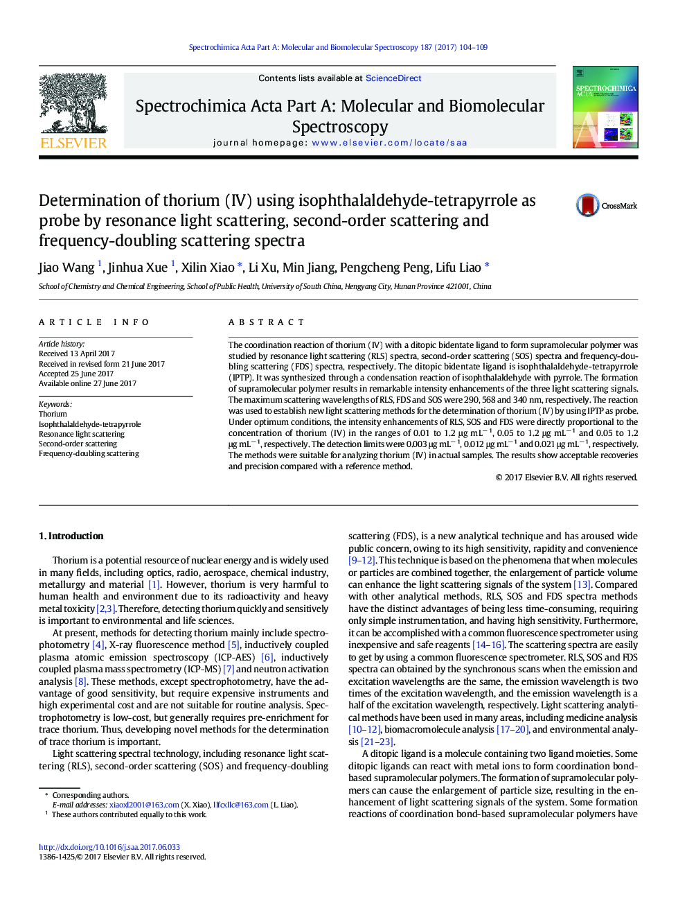 Determination of thorium (IV) using isophthalaldehyde-tetrapyrrole as probe by resonance light scattering, second-order scattering and frequency-doubling scattering spectra