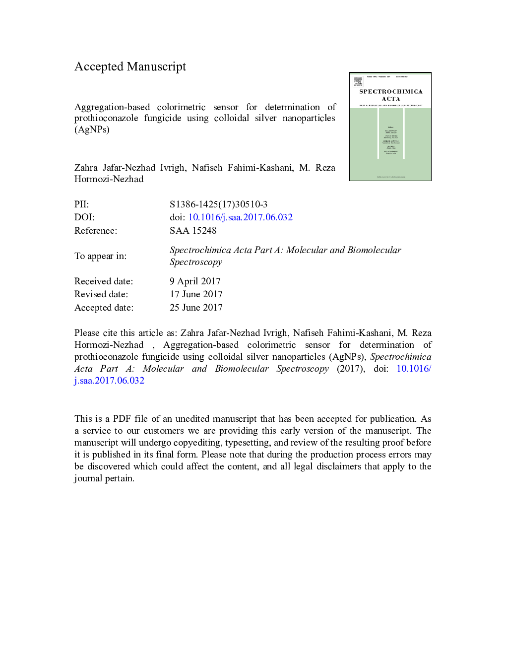 Aggregation-based colorimetric sensor for determination of prothioconazole fungicide using colloidal silver nanoparticles (AgNPs)