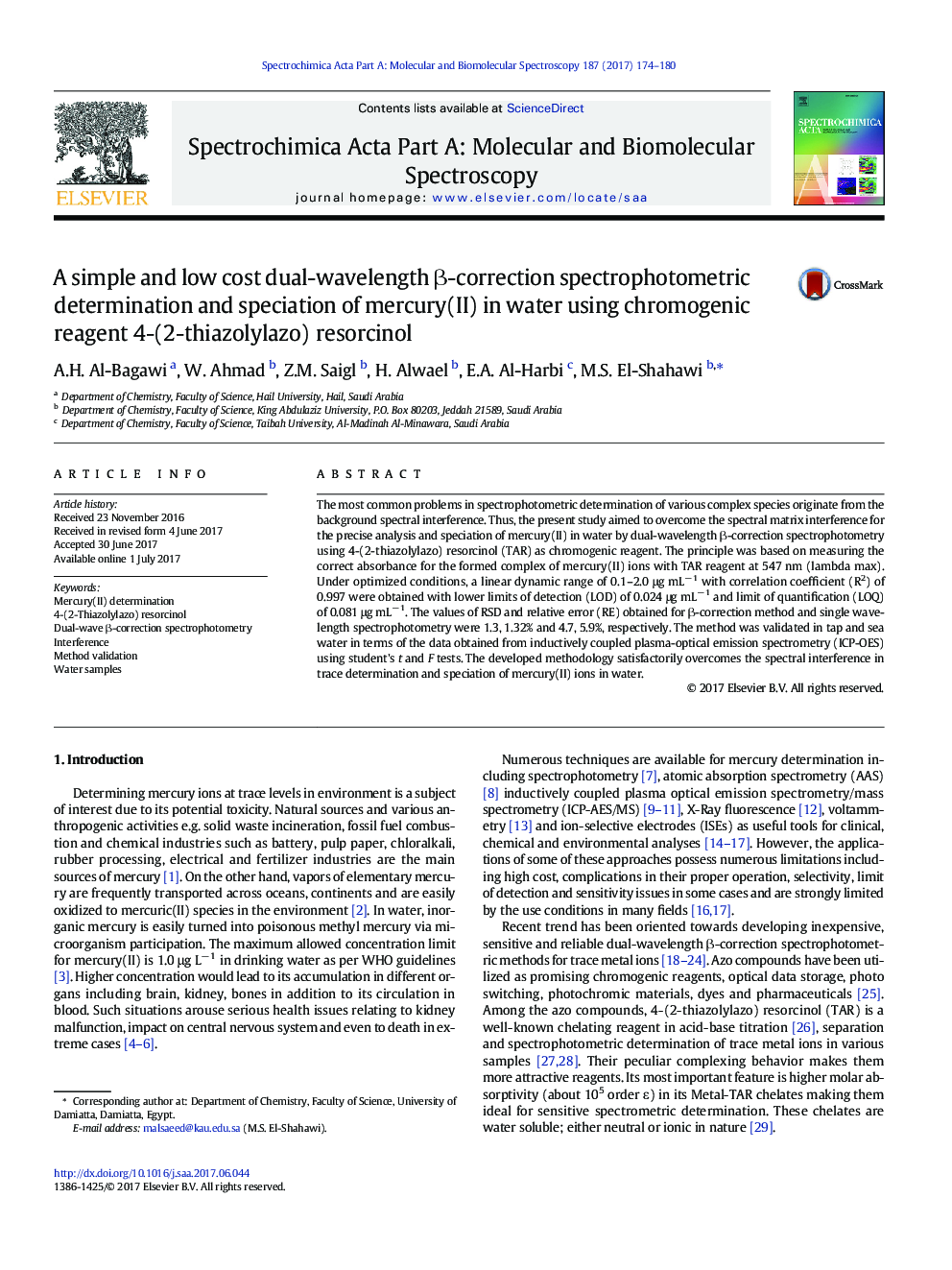 A simple and low cost dual-wavelength Î²-correction spectrophotometric determination and speciation of mercury(II) in water using chromogenic reagent 4-(2-thiazolylazo) resorcinol