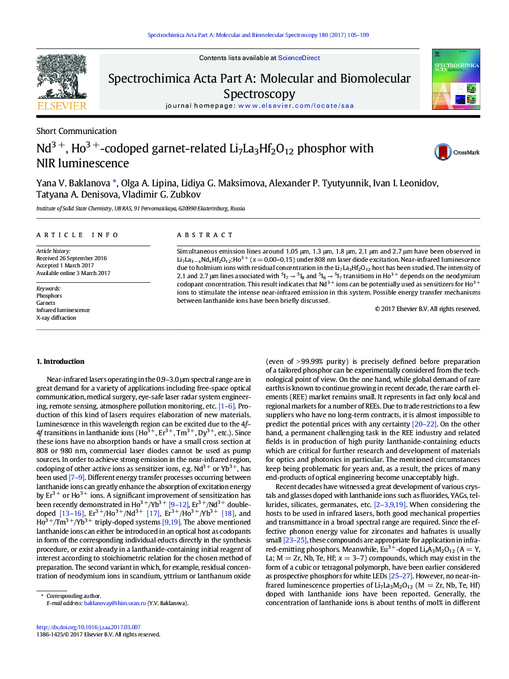 Short CommunicationNd3Â +, Ho3Â +-codoped garnet-related Li7La3Hf2O12 phosphor with NIR luminescence