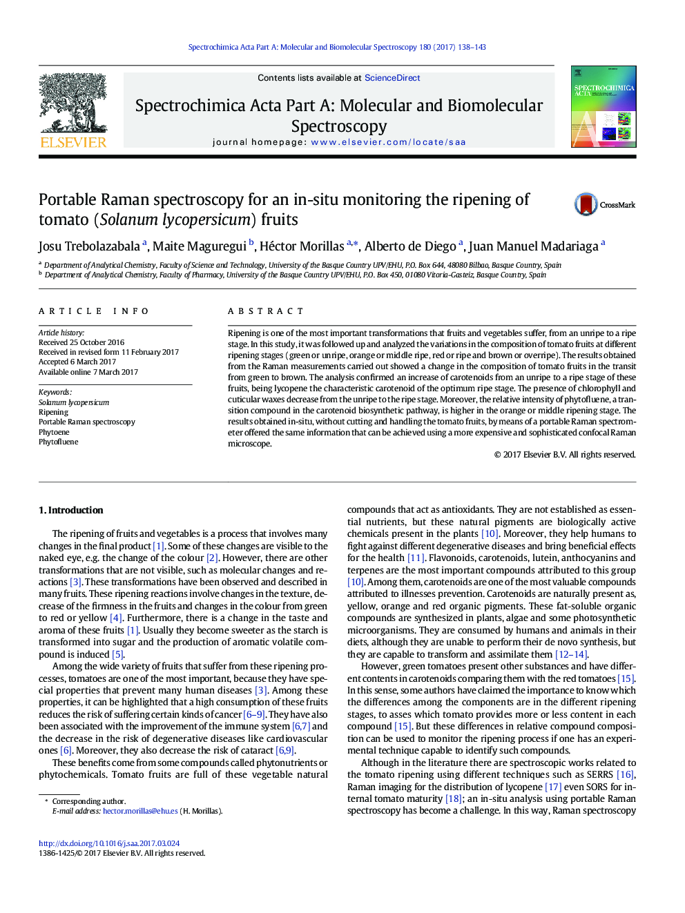 Portable Raman spectroscopy for an in-situ monitoring the ripening of tomato (Solanum lycopersicum) fruits