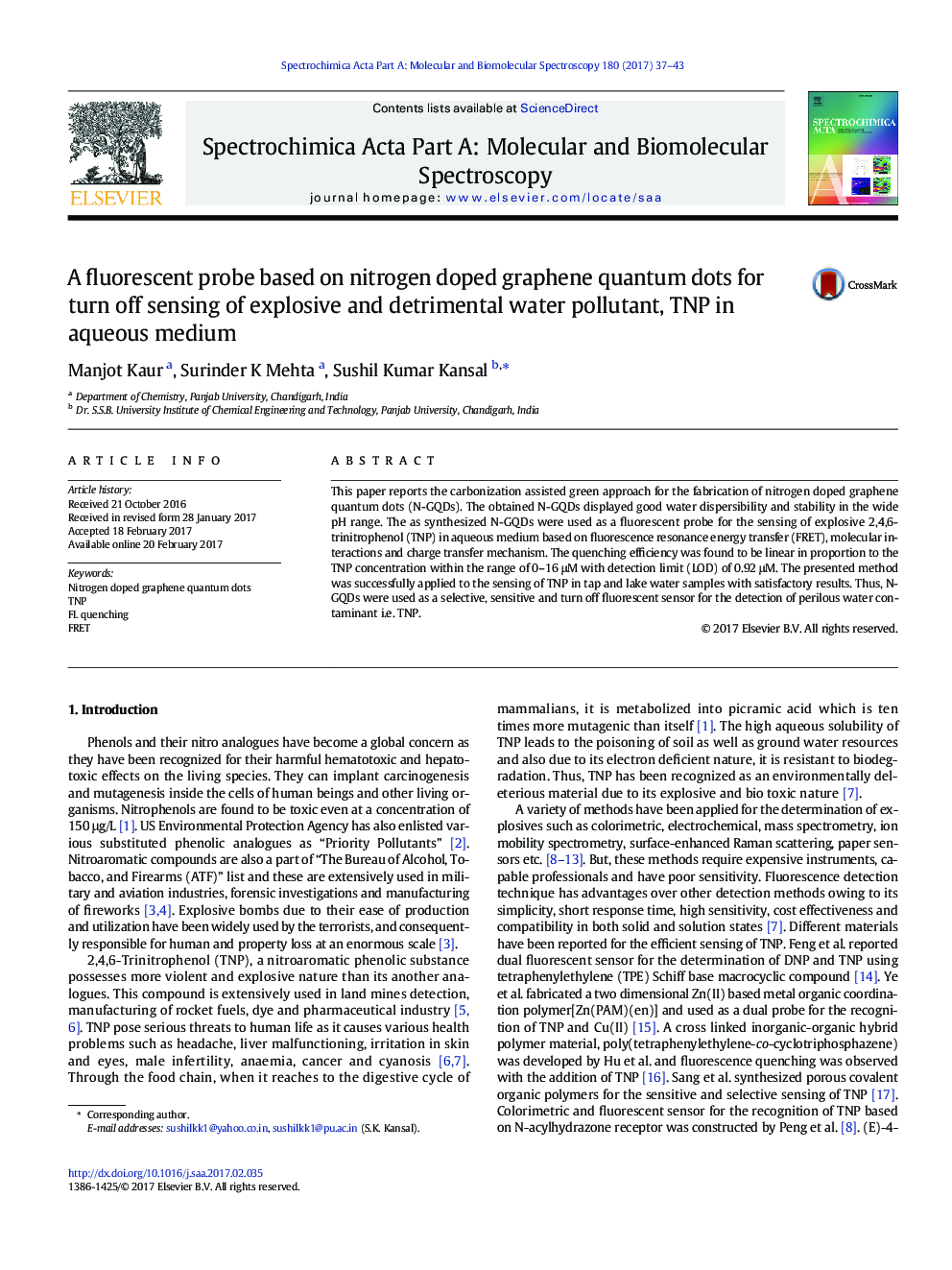 A fluorescent probe based on nitrogen doped graphene quantum dots for turn off sensing of explosive and detrimental water pollutant, TNP in aqueous medium