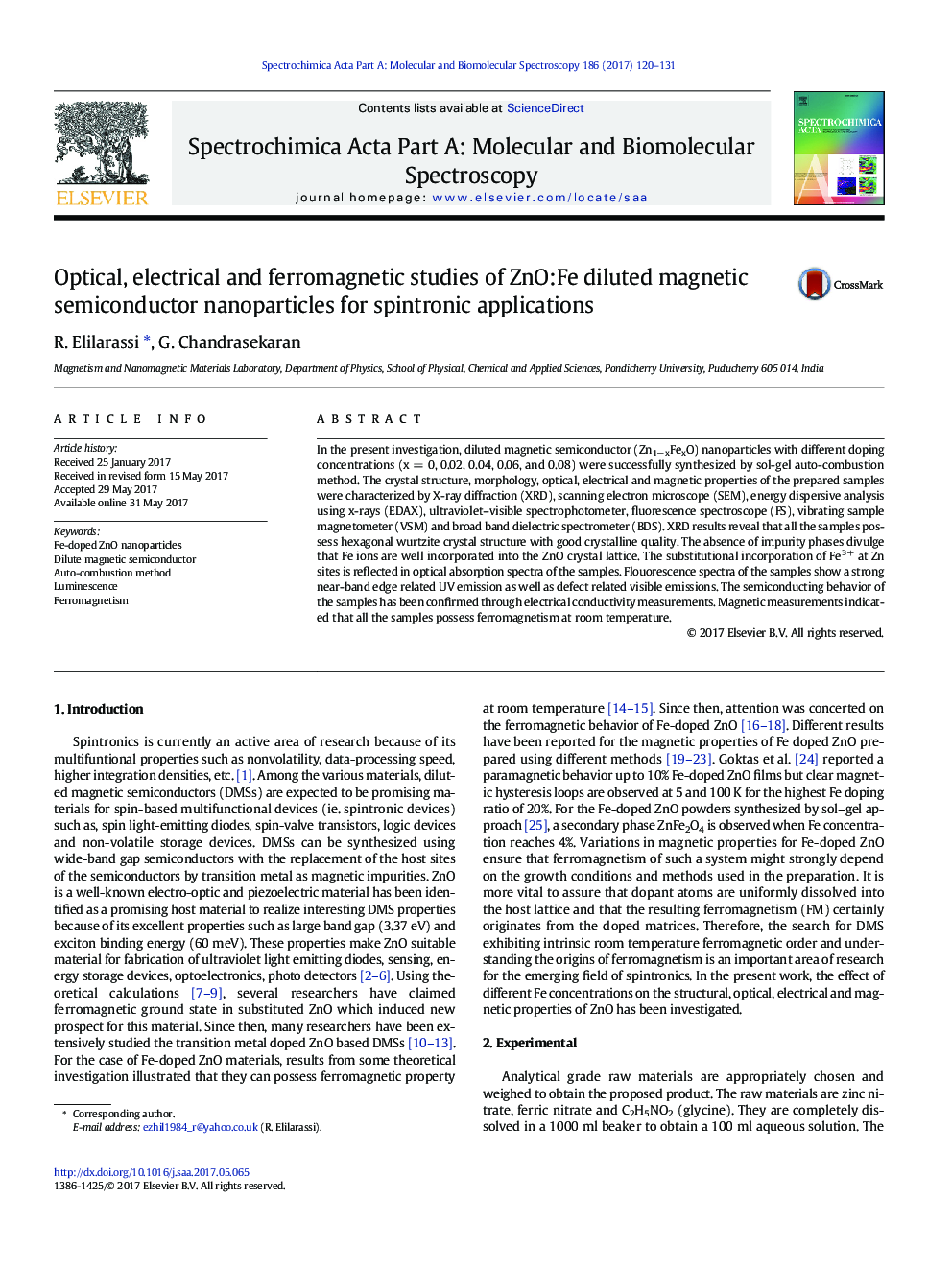 Optical, electrical and ferromagnetic studies of ZnO:Fe diluted magnetic semiconductor nanoparticles for spintronic applications