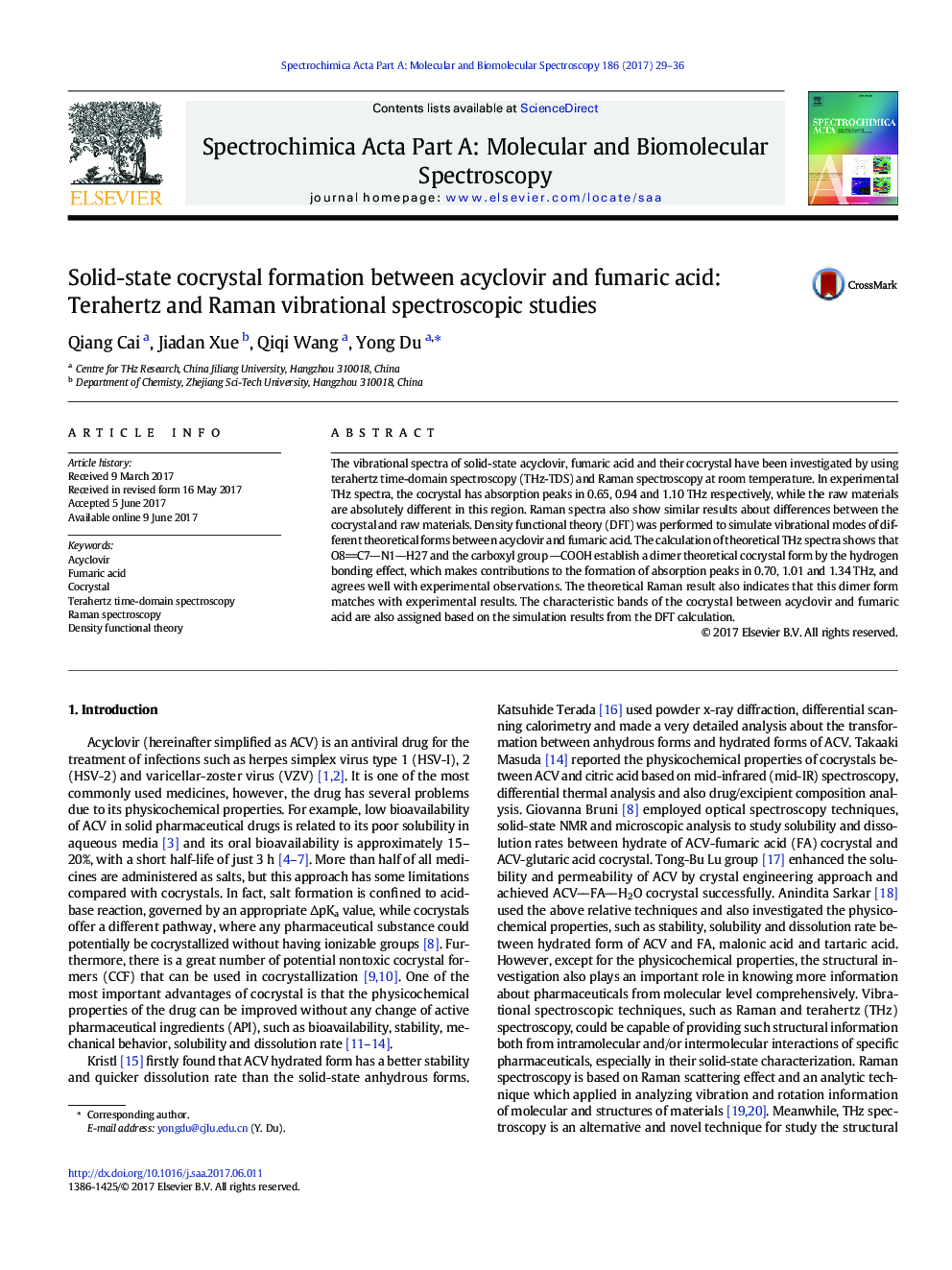 Solid-state cocrystal formation between acyclovir and fumaric acid: Terahertz and Raman vibrational spectroscopic studies