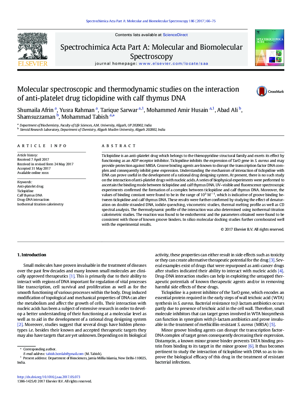 Molecular spectroscopic and thermodynamic studies on the interaction of anti-platelet drug ticlopidine with calf thymus DNA