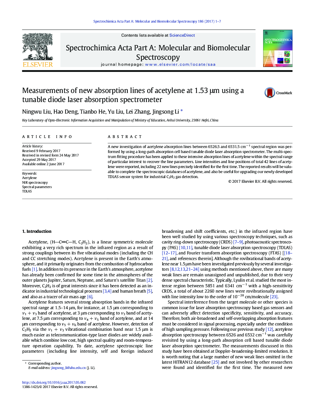 Measurements of new absorption lines of acetylene at 1.53Â Î¼m using a tunable diode laser absorption spectrometer