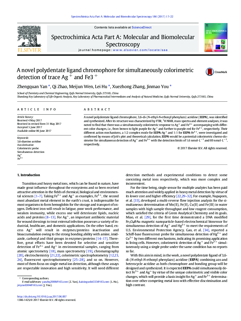 A novel polydentate ligand chromophore for simultaneously colorimetric detection of trace AgÂ + and Fe3Â +