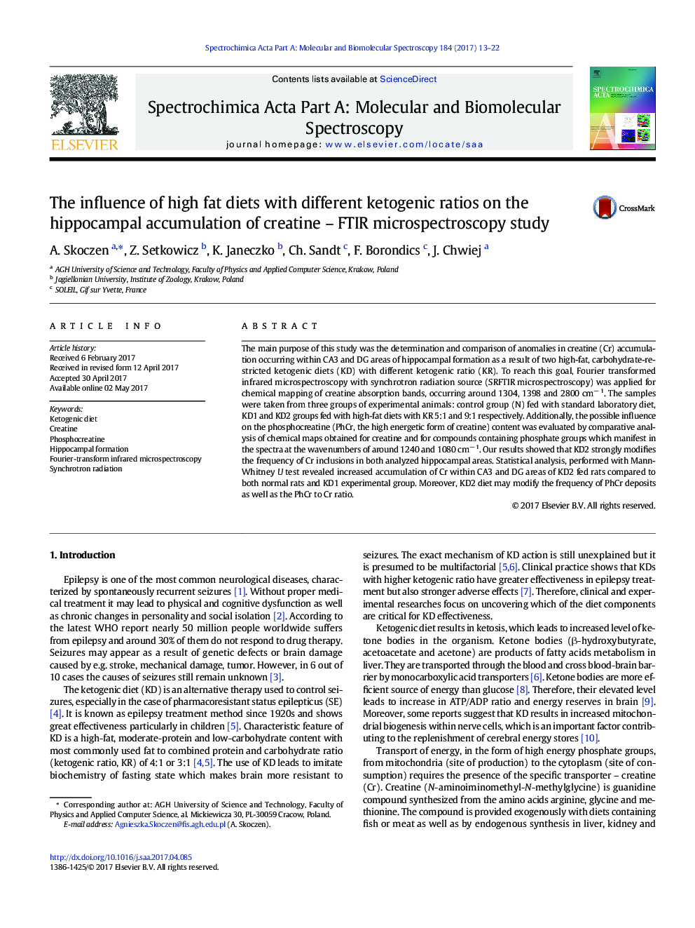 The influence of high fat diets with different ketogenic ratios on the hippocampal accumulation of creatine - FTIR microspectroscopy study