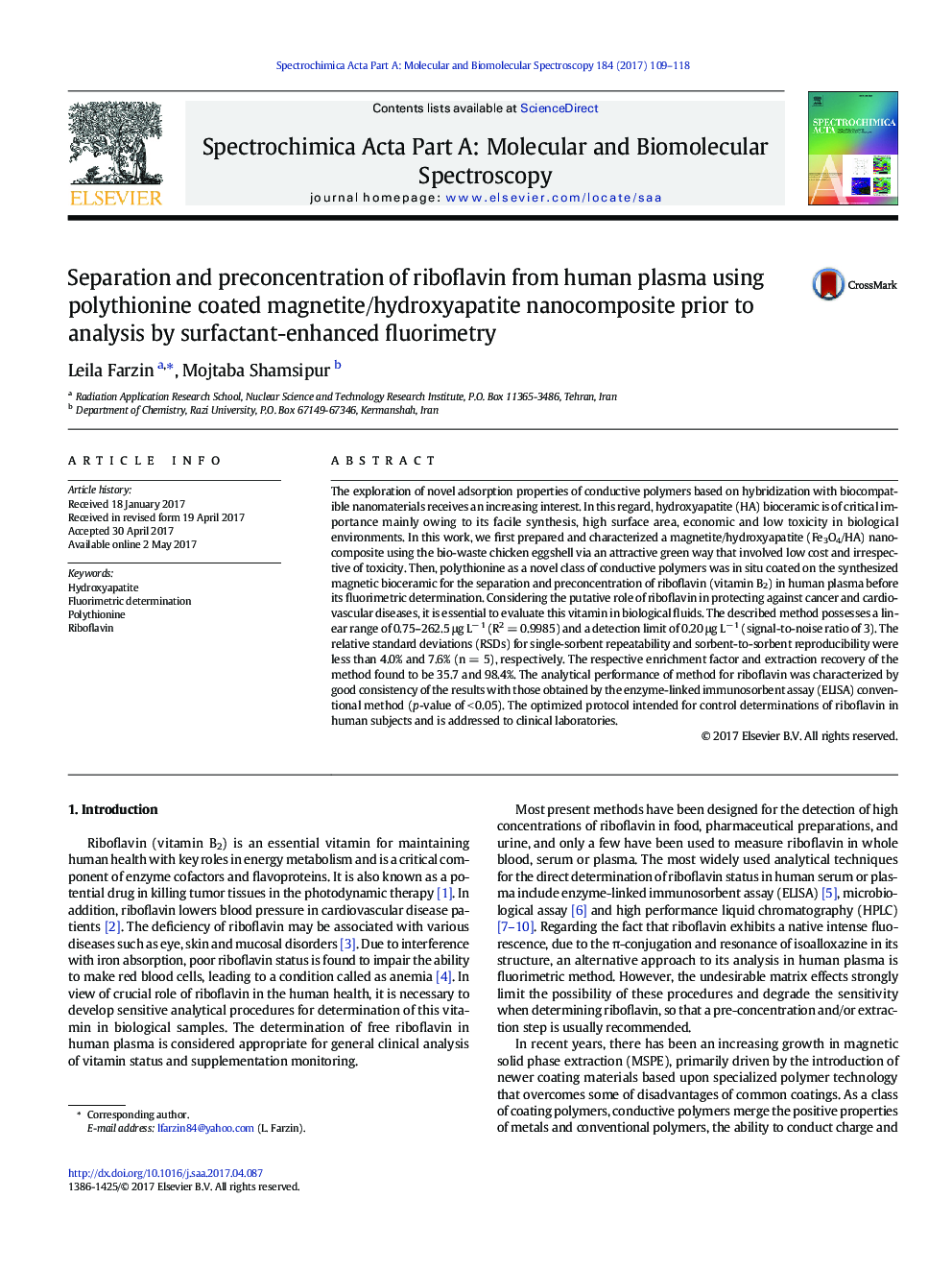 Separation and preconcentration of riboflavin from human plasma using polythionine coated magnetite/hydroxyapatite nanocomposite prior to analysis by surfactant-enhanced fluorimetry