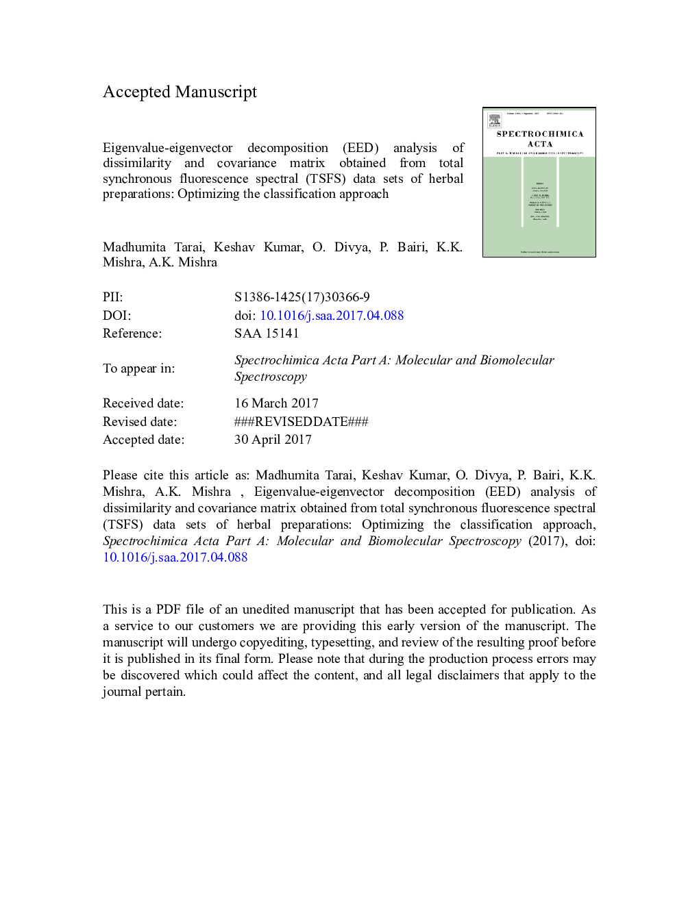 Eigenvalue-eigenvector decomposition (EED) analysis of dissimilarity and covariance matrix obtained from total synchronous fluorescence spectral (TSFS) data sets of herbal preparations: Optimizing the classification approach